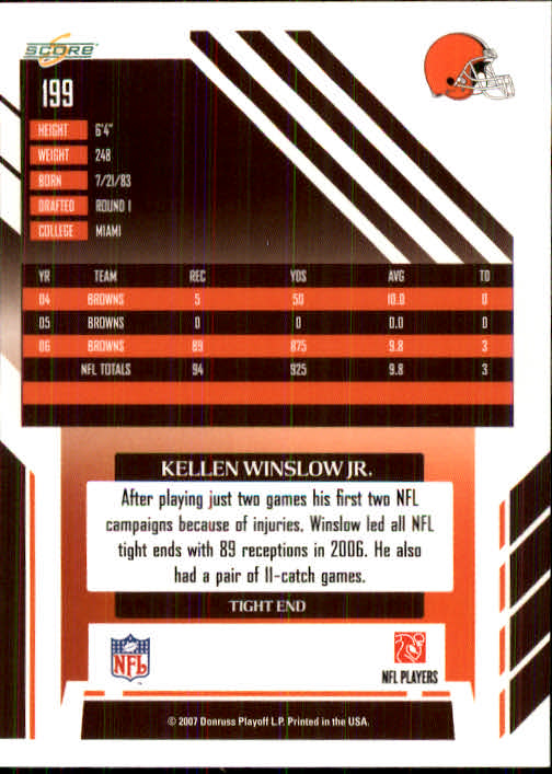 2007 Score #199 Kellen Winslow back image