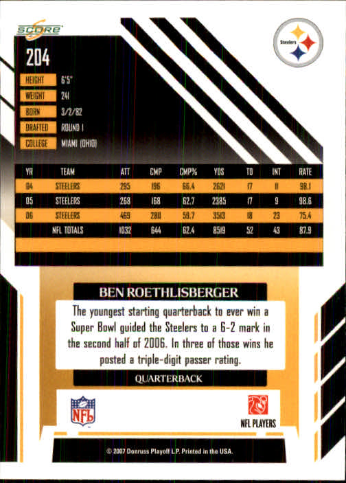 2007 Score #204 Ben Roethlisberger back image