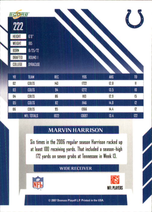 2007 Score #222 Marvin Harrison back image