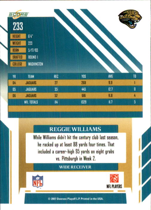 2007 Score #233 Reggie Williams back image