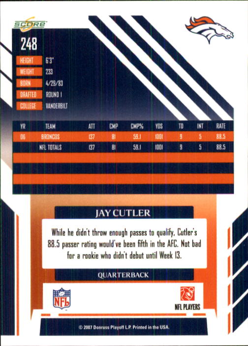 2007 Score #248 Jay Cutler back image