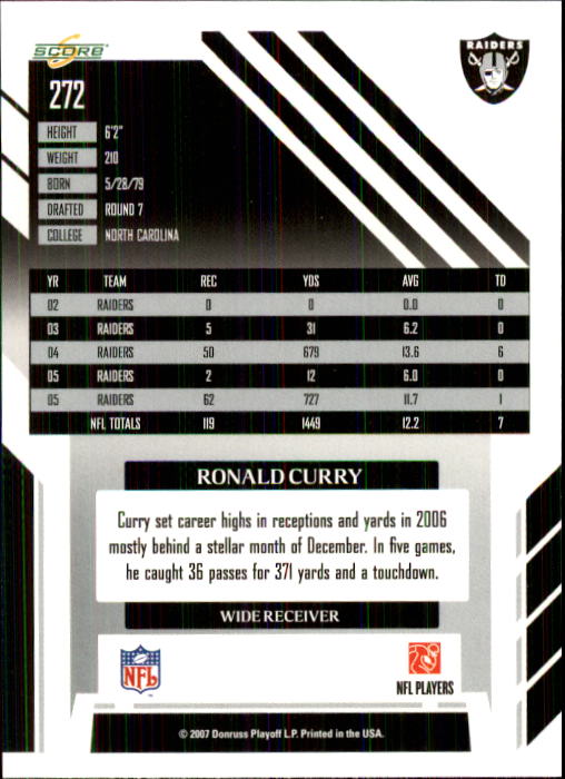 2007 Score #272 Ronald Curry back image