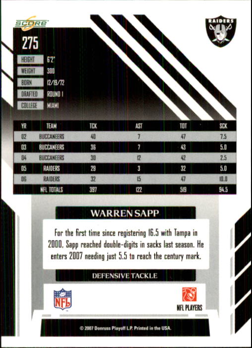 2007 Score #275 Warren Sapp back image