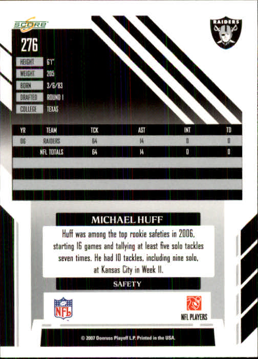 2007 Score #276 Michael Huff back image