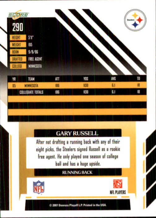 2007 Score #290 Gary Russell RC back image
