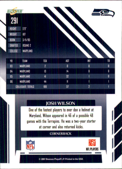 2007 Score #291 Josh Wilson RC back image