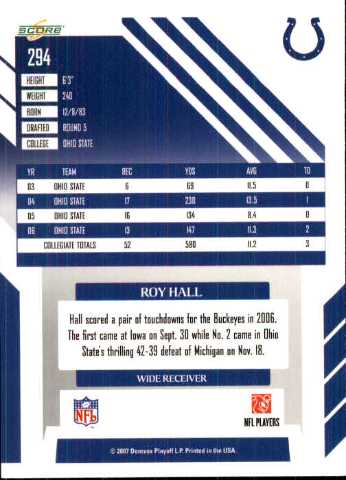 2007 Score #294 Roy Hall RC back image