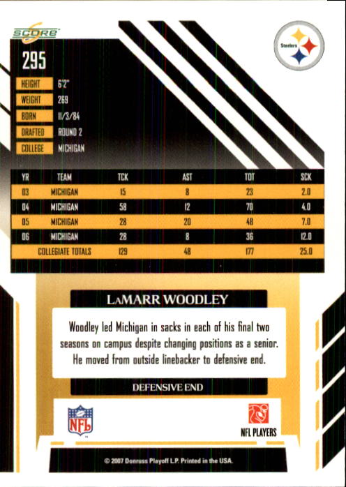 2007 Score #295 LaMarr Woodley RC back image