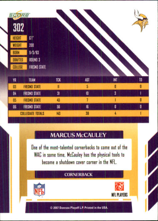 2007 Score #302 Marcus McCauley RC back image