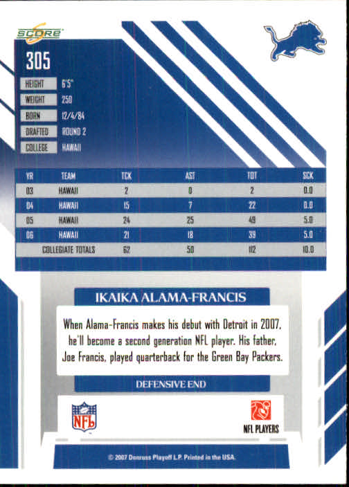 2007 Score #305 Ikaika Alama-Francis RC back image