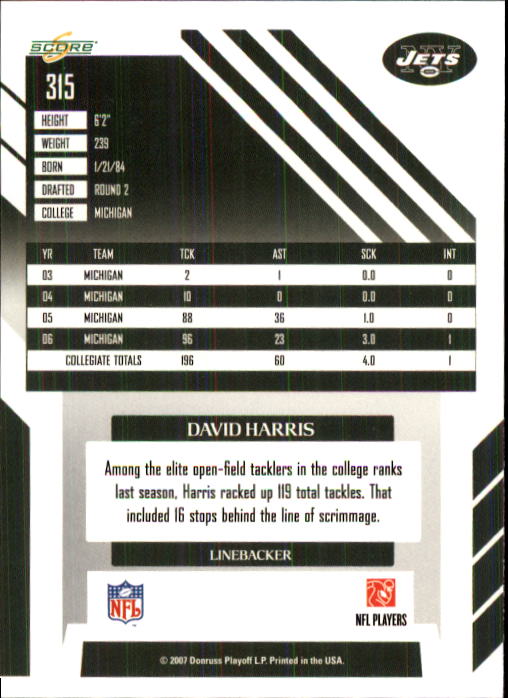 2007 Score #315 David Harris RC back image