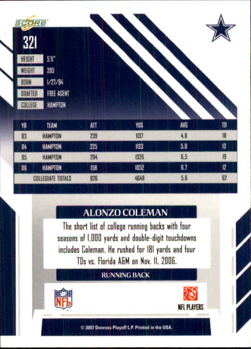 2007 Score #321 Alonzo Coleman RC back image