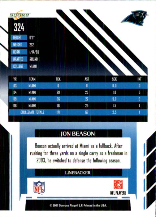 2007 Score #324 Jon Beason RC back image