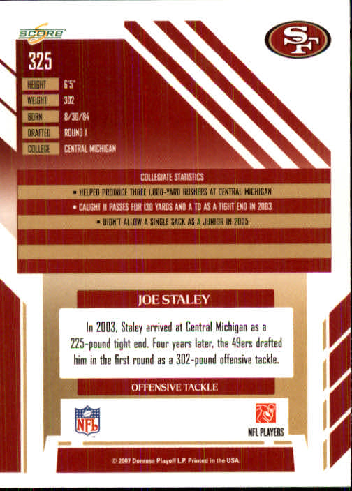 2007 Score #325 Joe Staley RC back image