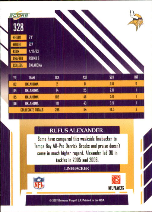2007 Score #328 Rufus Alexander RC back image