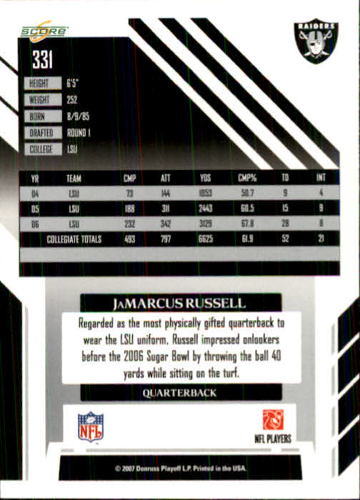 2007 Score #331 JaMarcus Russell RC back image
