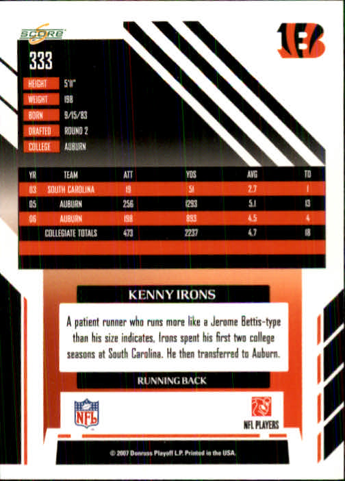 2007 Score #333 Kenny Irons RC back image