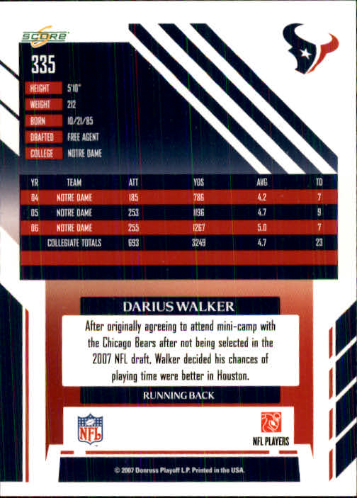 2007 Score #335 Darius Walker RC back image
