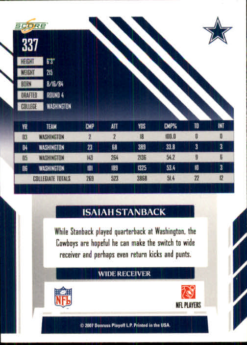 2007 Score #337 Isaiah Stanback RC back image