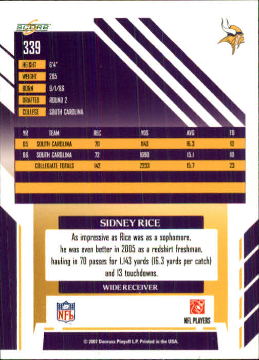 2007 Score #339 Sidney Rice RC back image