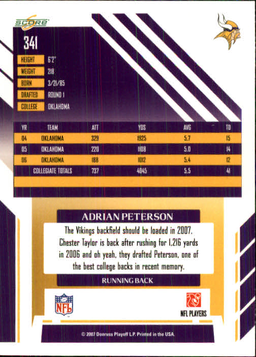 2007 Score #341 Adrian Peterson RC back image