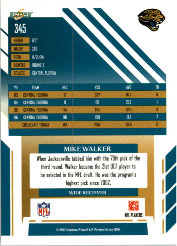 2007 Score #345 Mike Walker RC back image