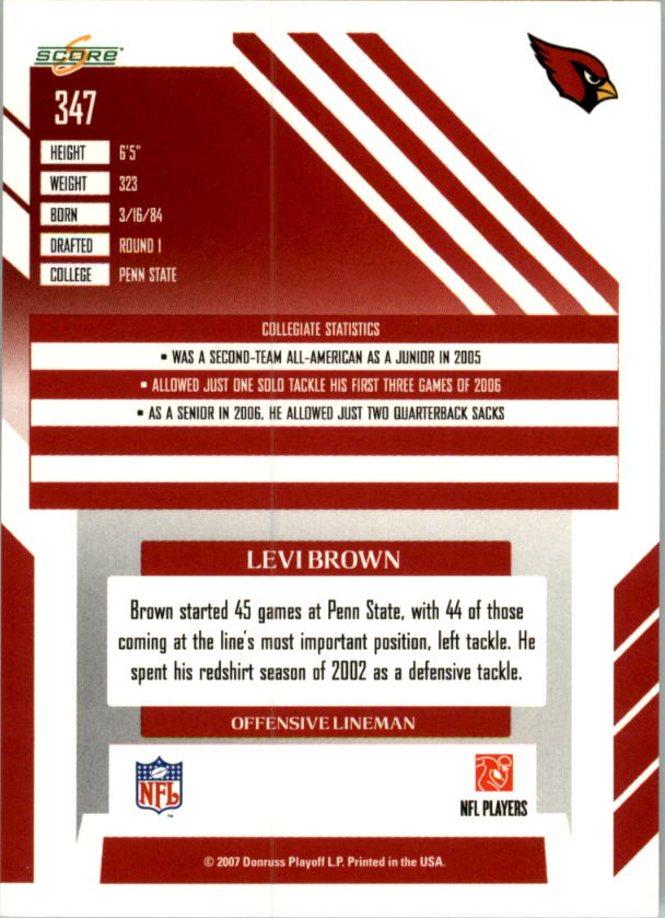 2007 Score #347 Levi Brown RC back image
