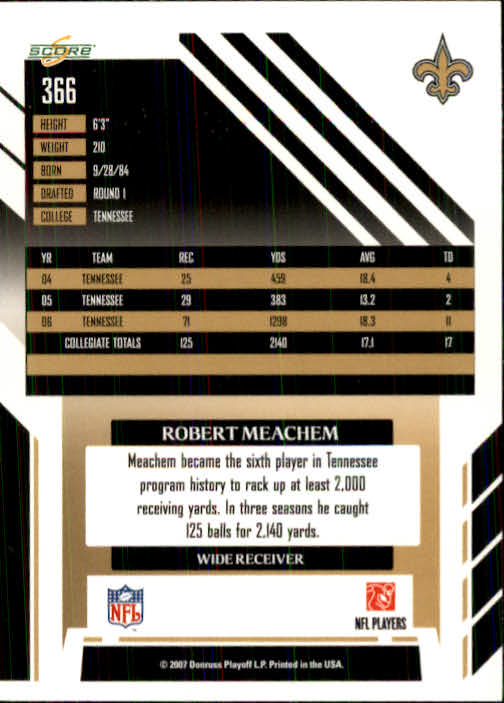 2007 Score #366 Robert Meachem RC back image