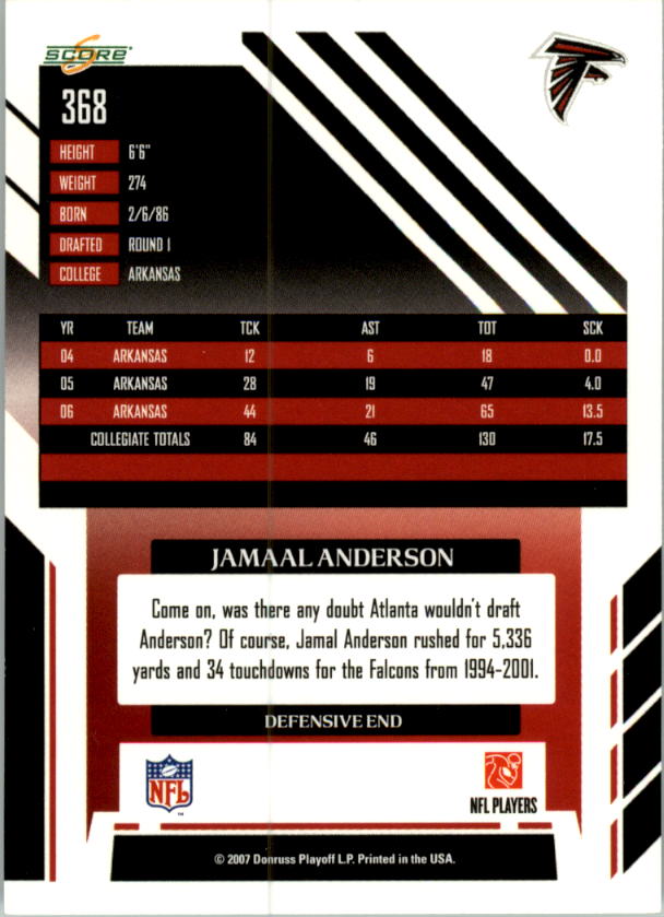 2007 Score #368 Jamaal Anderson RC back image