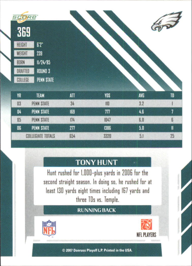 2007 Score #369 Tony Hunt RC back image