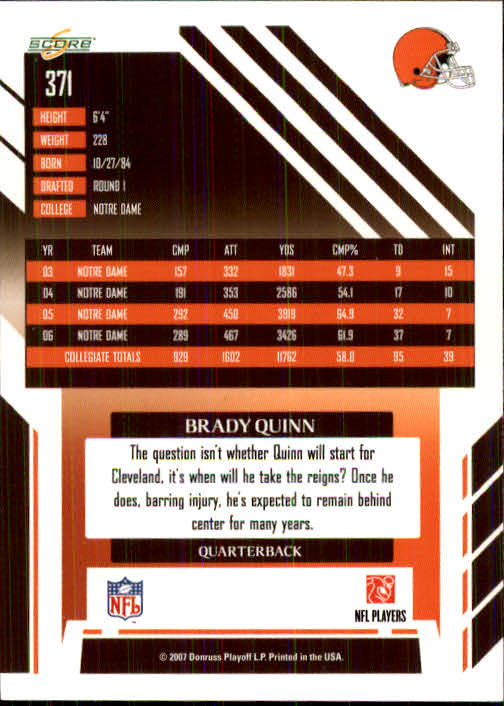 2007 Score #371 Brady Quinn RC back image