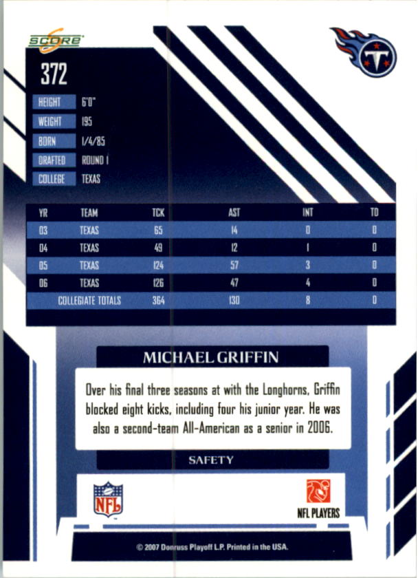 2007 Score #372 Michael Griffin RC back image