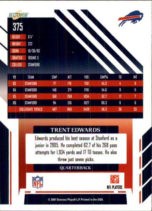 2007 Score #375 Trent Edwards RC back image
