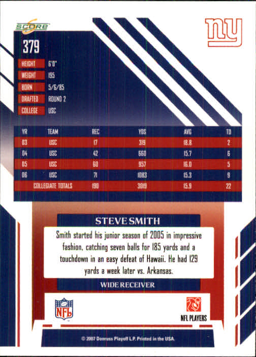 2007 Score #379 Steve Smith USC RC back image