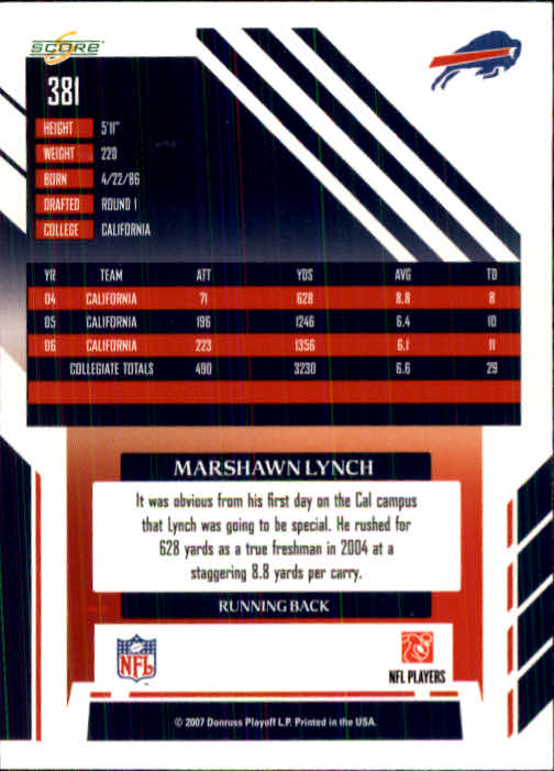 2007 Score #381 Marshawn Lynch RC back image