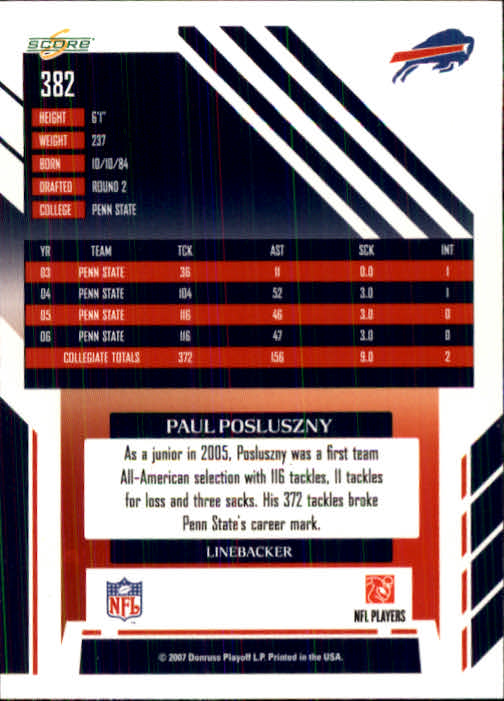 2007 Score #382 Paul Posluszny RC back image
