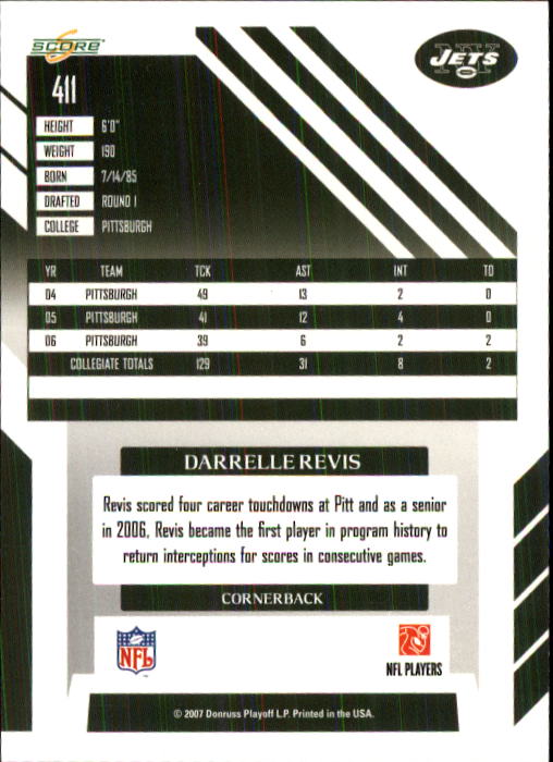2007 Score #411 Darrelle Revis RC back image