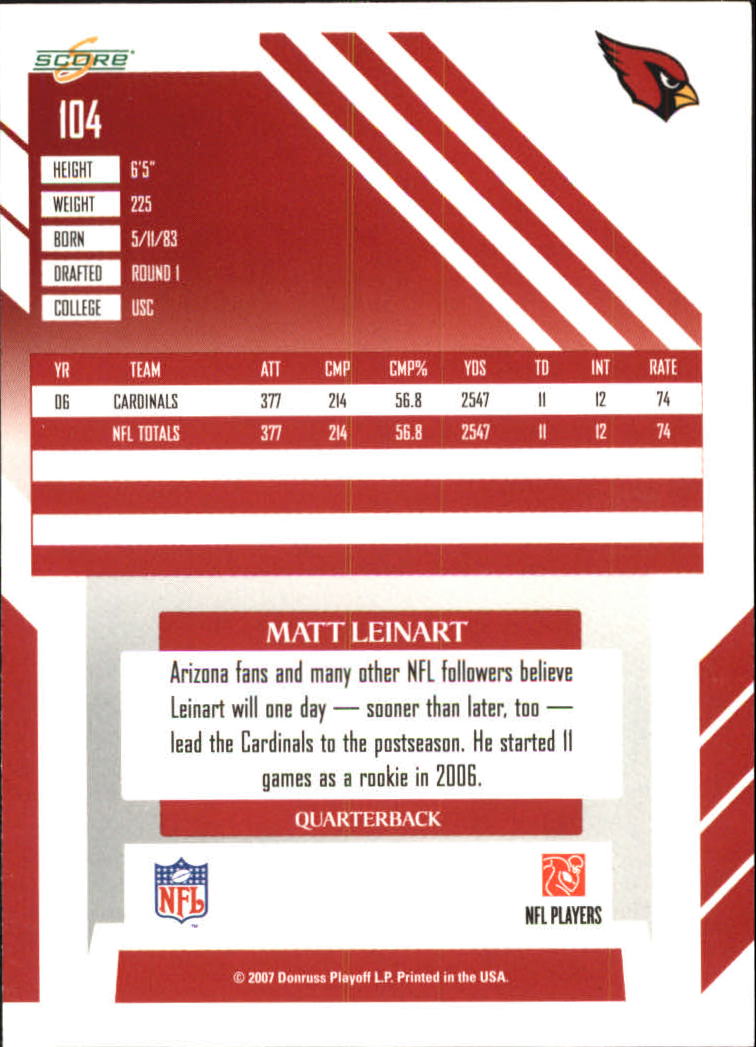 2007 Score Glossy #104 Matt Leinart back image