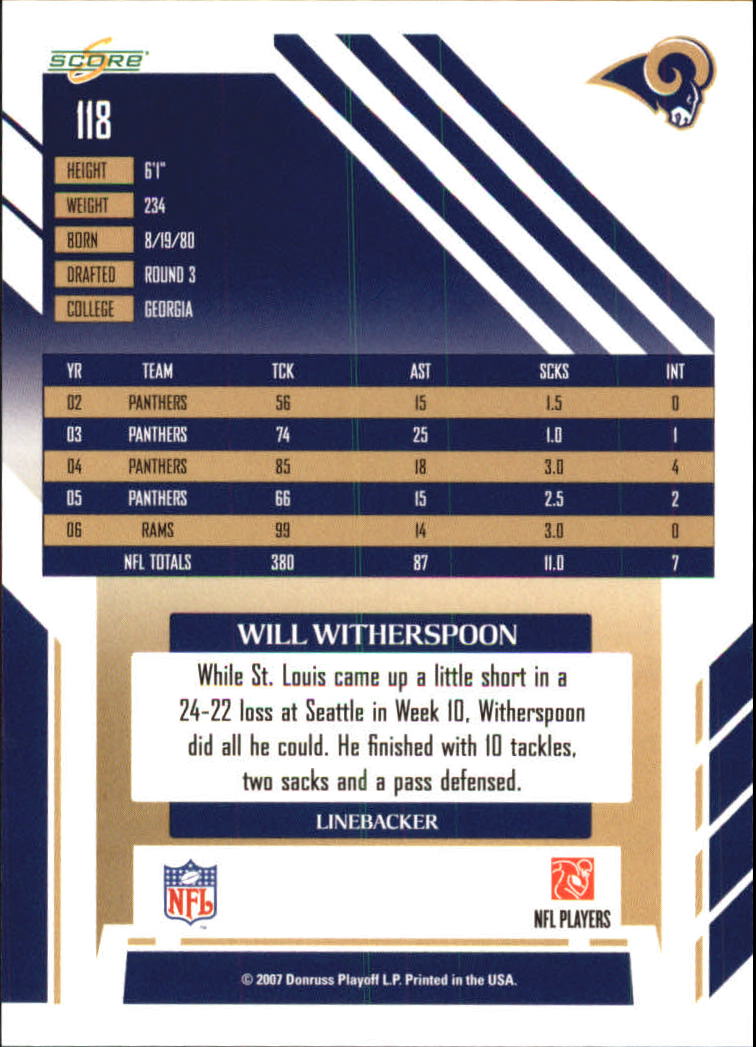 2007 Score Glossy #118 Will Witherspoon back image