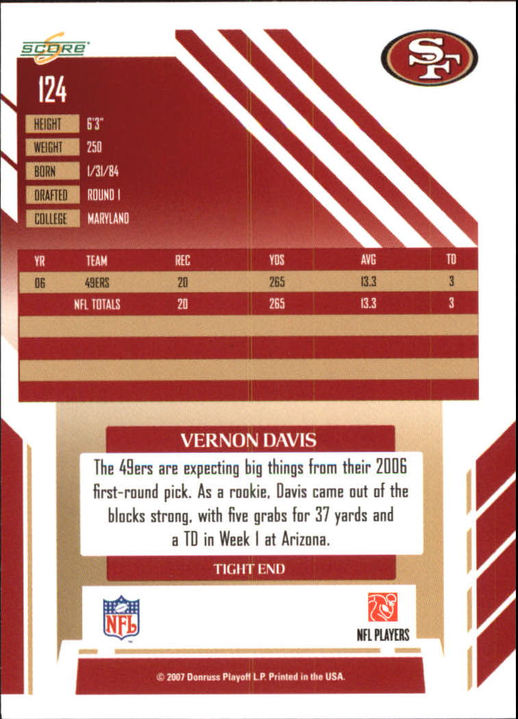 2007 Score Glossy #124 Vernon Davis back image