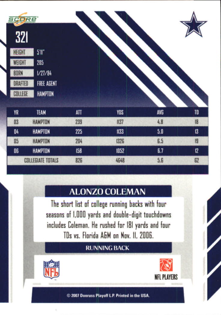 2007 Score Glossy #321 Alonzo Coleman back image