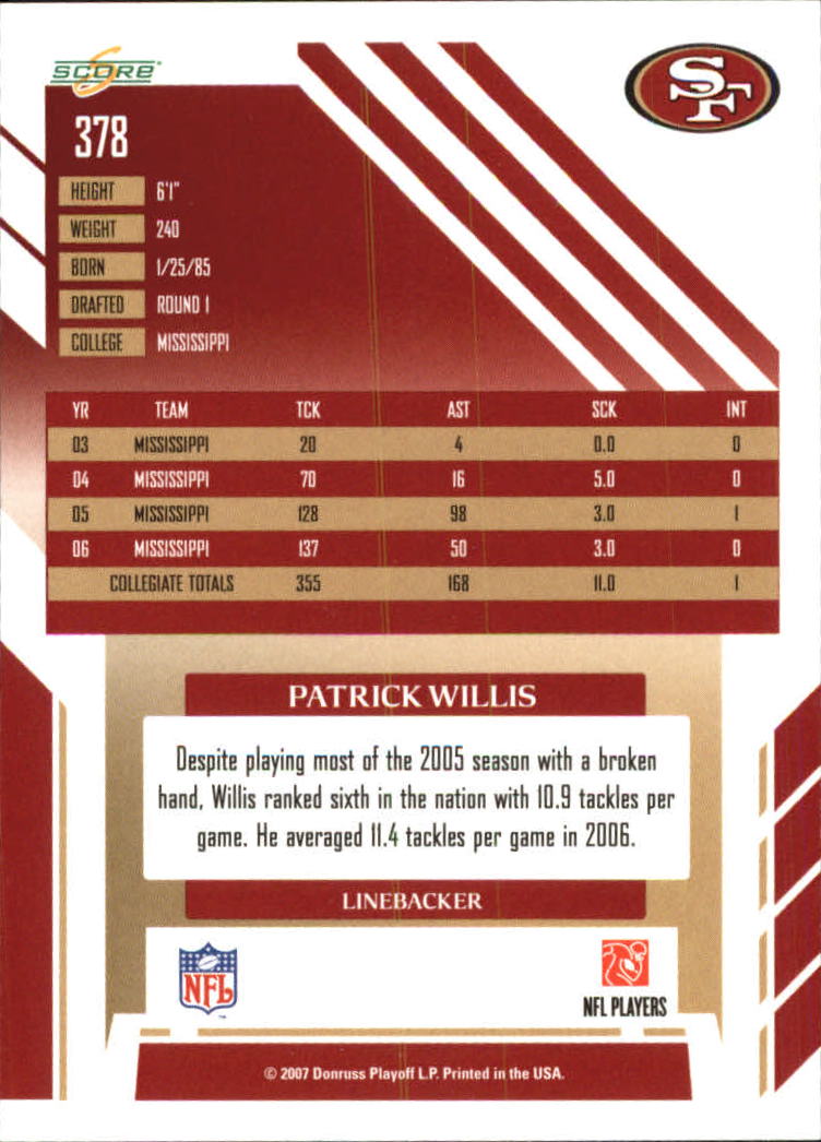 2007 Score Glossy #378 Patrick Willis back image