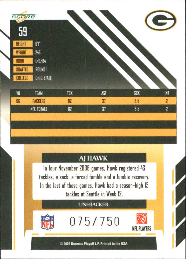 2007 Score Scorecard #59 A.J. Hawk back image