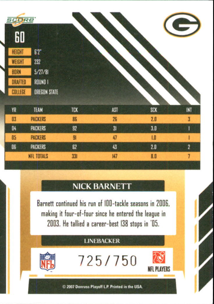 2007 Score Scorecard #60 Nick Barnett back image