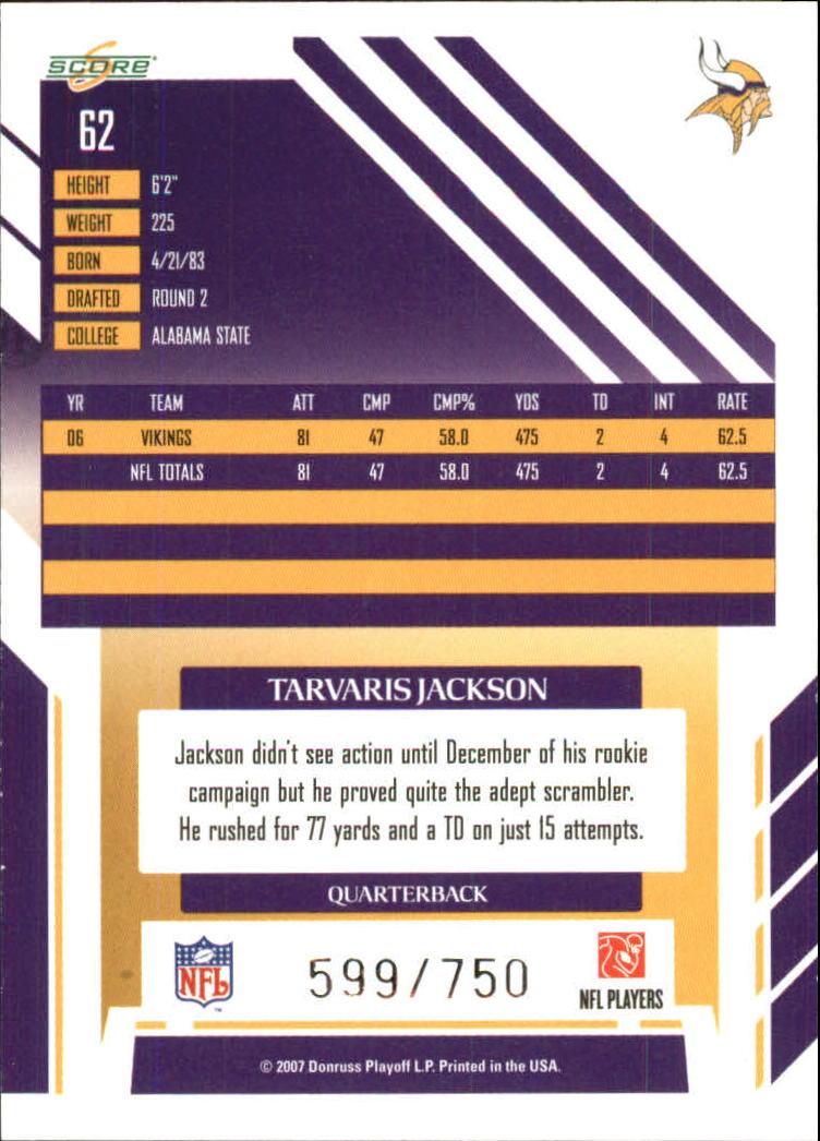 2007 Score Scorecard #62 Tarvaris Jackson back image