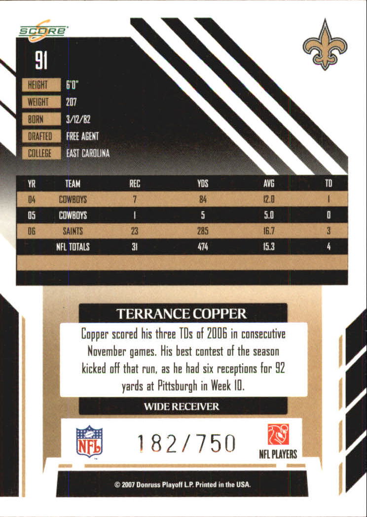 2007 Score Scorecard #91 Terrance Copper back image