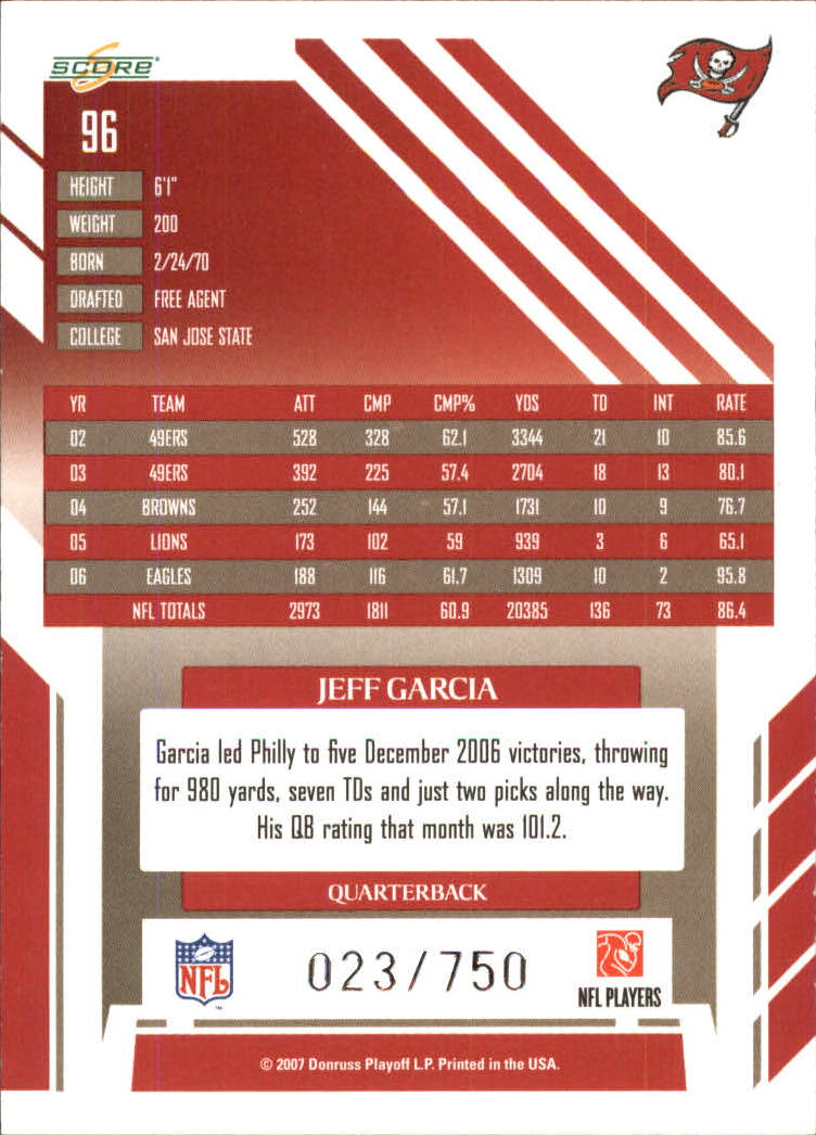 2007 Score Scorecard #96 Jeff Garcia back image