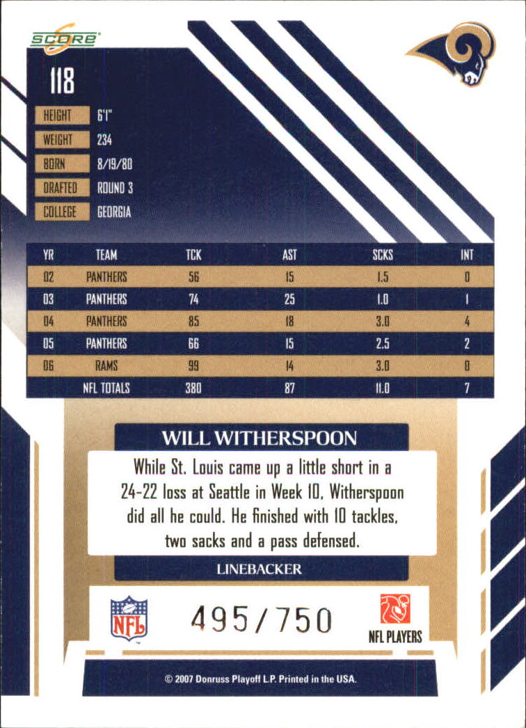 2007 Score Scorecard #118 Will Witherspoon back image