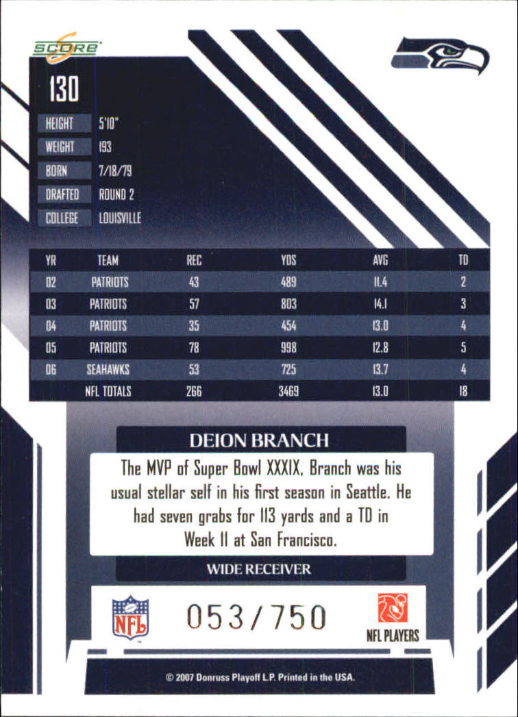 2007 Score Scorecard #130 Deion Branch back image