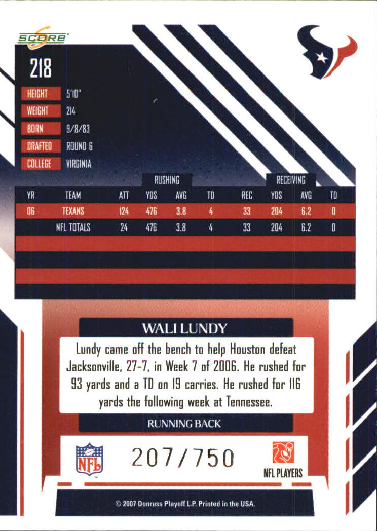 2007 Score Scorecard #218 Wali Lundy back image